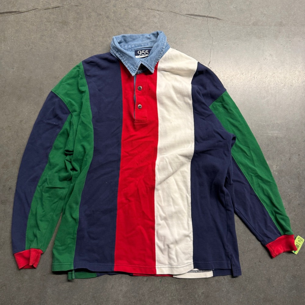 Vintage 955 Originals Rugby Shirt Mens Medium Multi Color Stripe Denim Collar